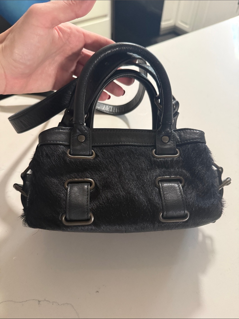 Theory Black Leather and Haircalf Mini Crossbody Bag